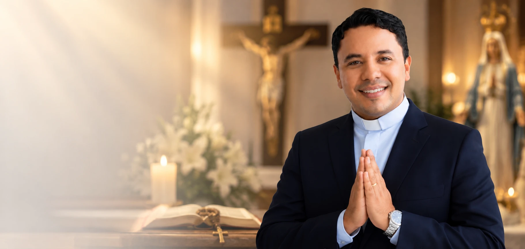 Padre Wagner em oração, diante do crucifixo e da Bíblia