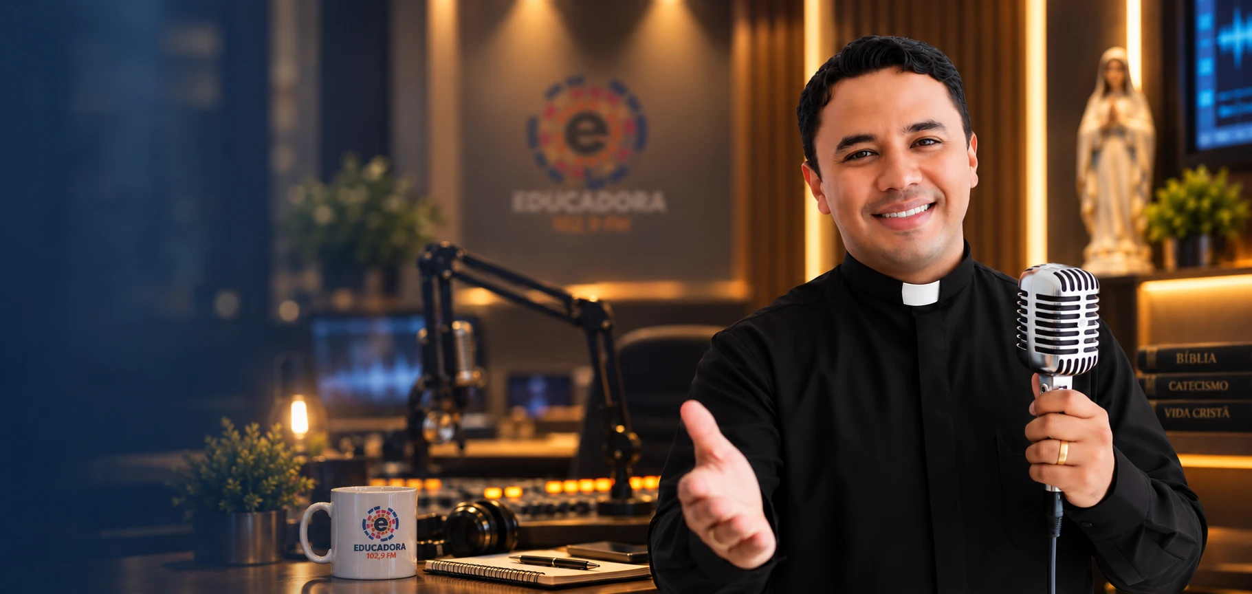 Padre Wagner ao microfone no estúdio da Rádio Educadora, apresentando o Programa Mensagens de Fé