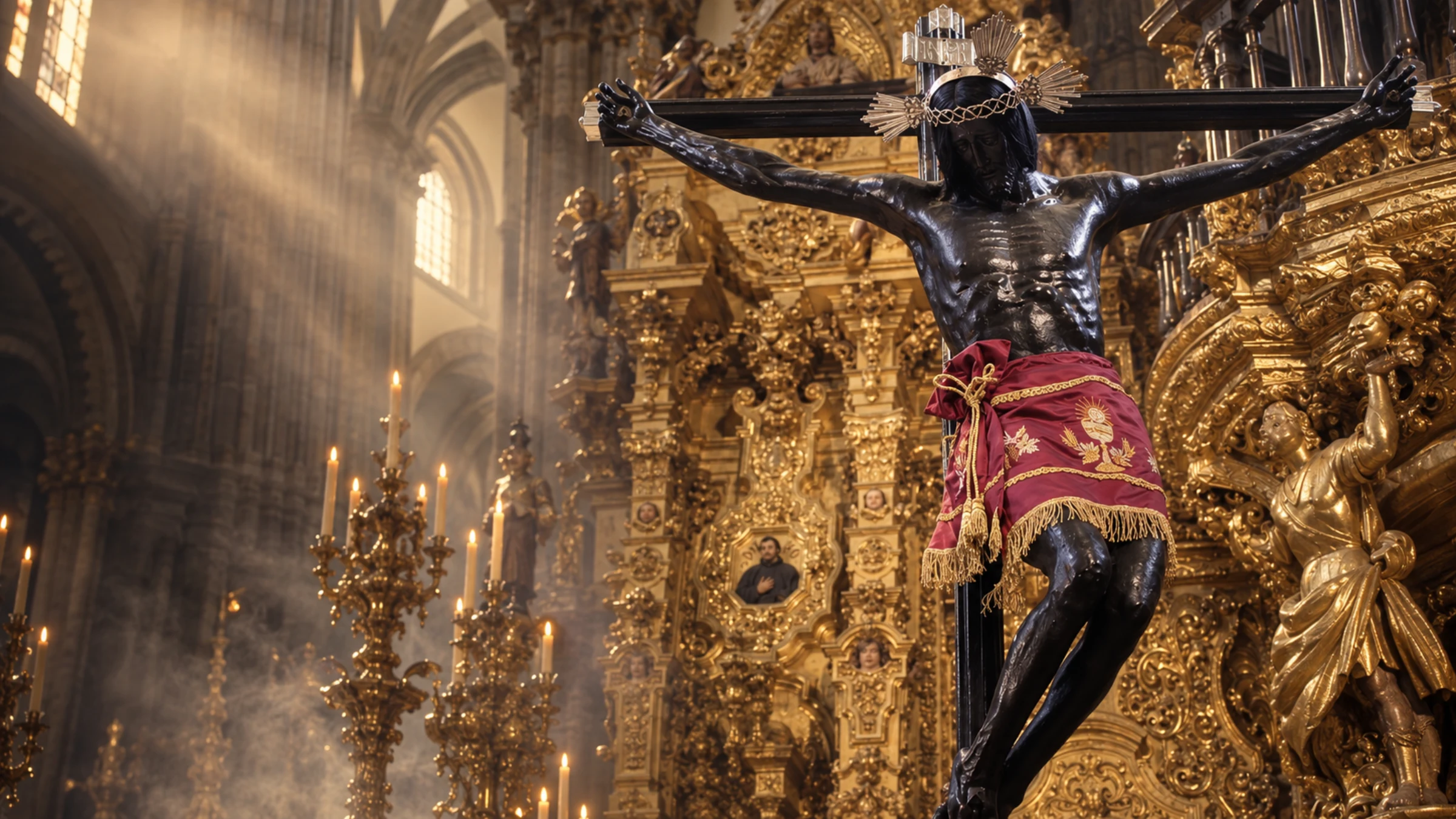 Imagem do Senhor dos Venenos diante do altar dourado da Catedral Metropolitana da Cidade do México